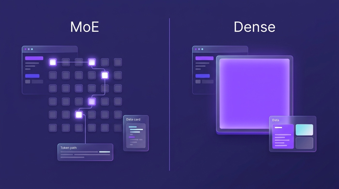 Split comparison of MoE routing a token through a few active experts versus a dense model activating its whole network