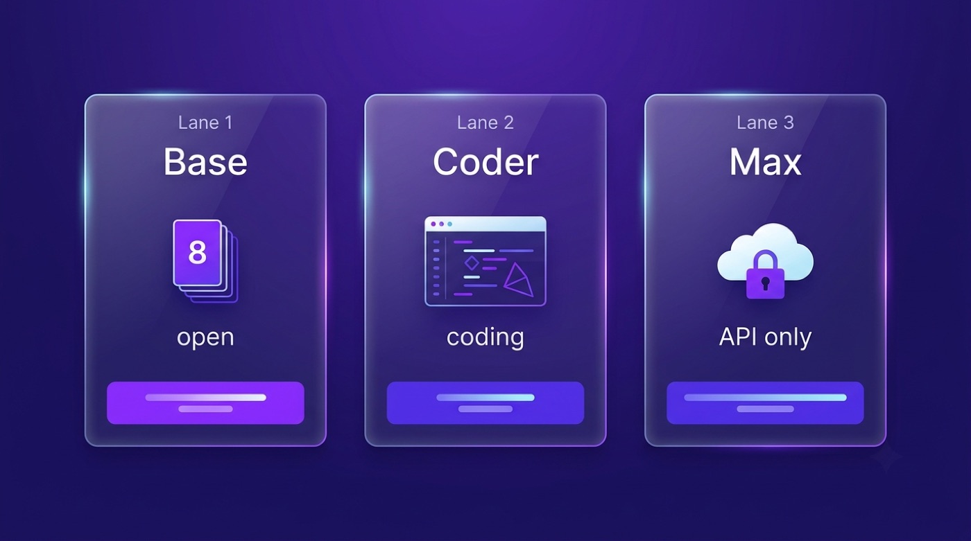 Three-lane infographic: open base models, the coding-focused Qwen3-Coder, and the proprietary API-only Qwen3-Max