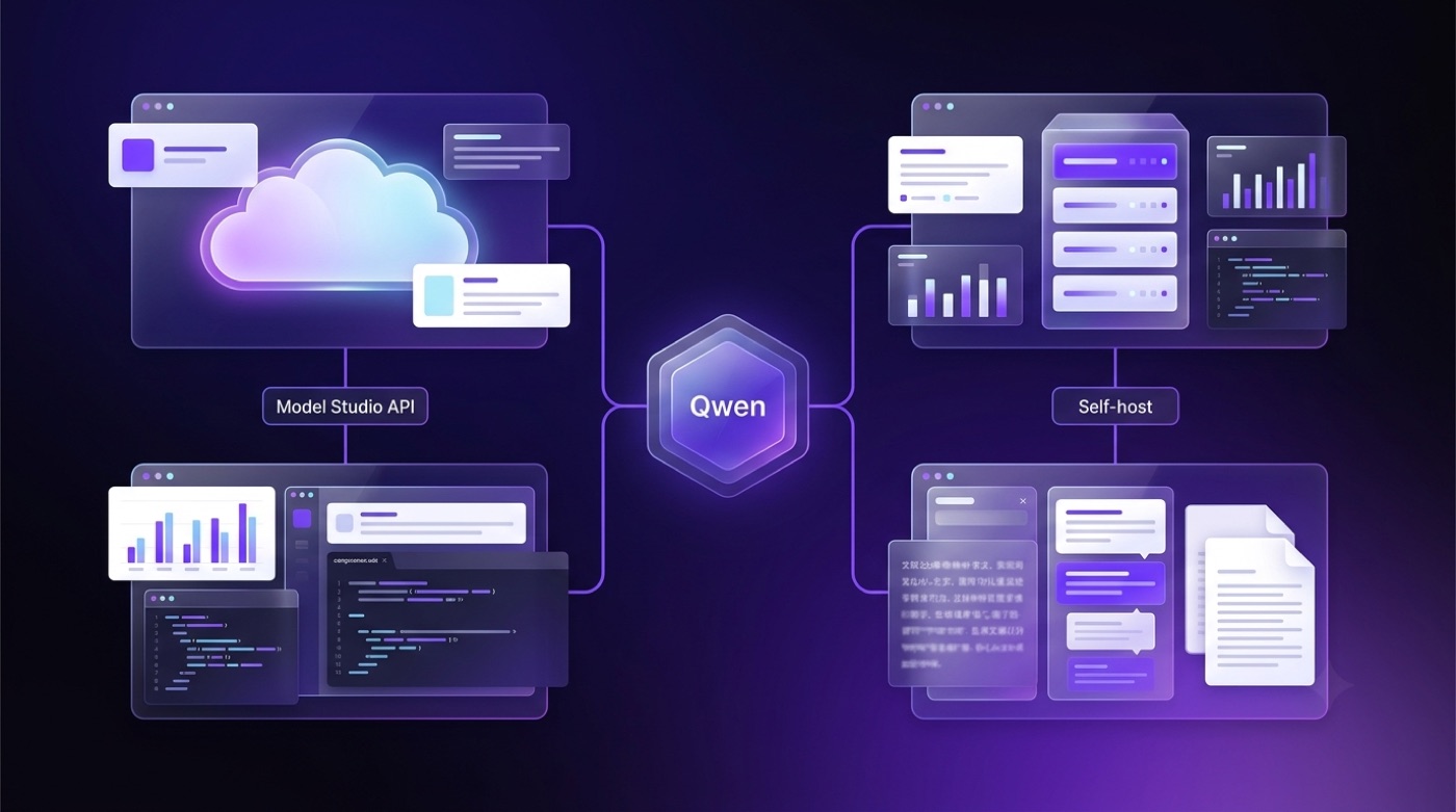 Diagram of the two ways to access Qwen: the Model Studio cloud API and self-hosting, both connecting to the central Qwen model.