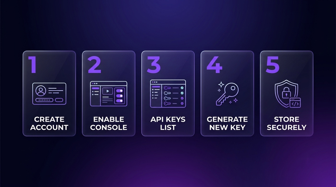 Five-step flow to obtain a Qwen API key: create account, enable console, open API Keys, generate a new key, store securely.