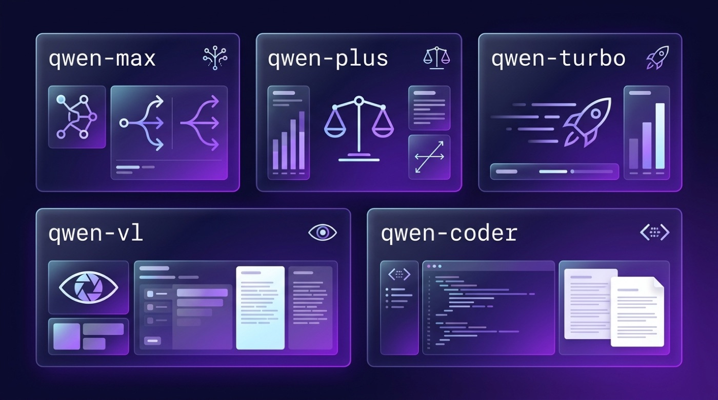 Grid of Qwen model families callable via the API: qwen-max, qwen-plus, qwen-turbo, qwen-vl and qwen-coder.