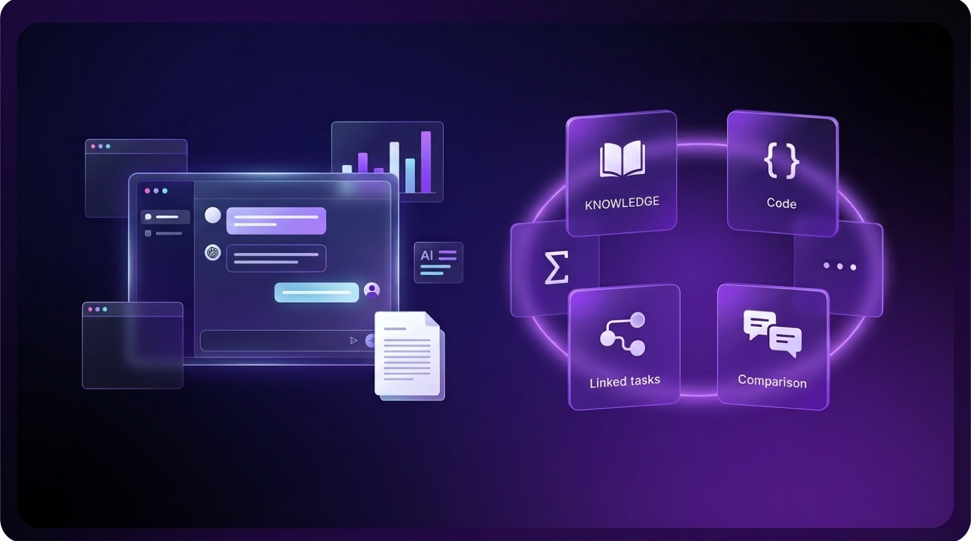 A Qwen chat interface panel beside five benchmark category cards — knowledge, coding, math, linked tasks and comparison