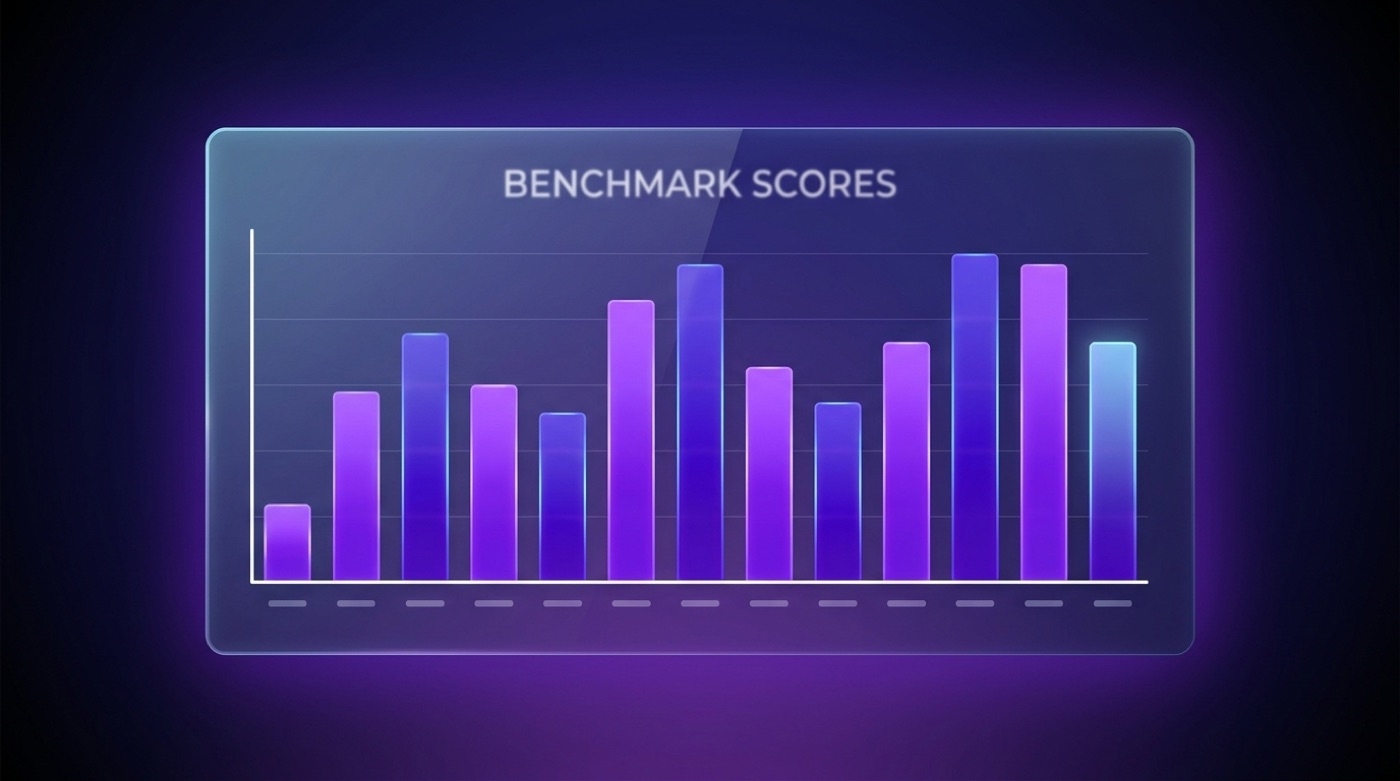 Illustrative violet bar chart titled Benchmark Scores with bars of varying heights and no numbers on the axis
