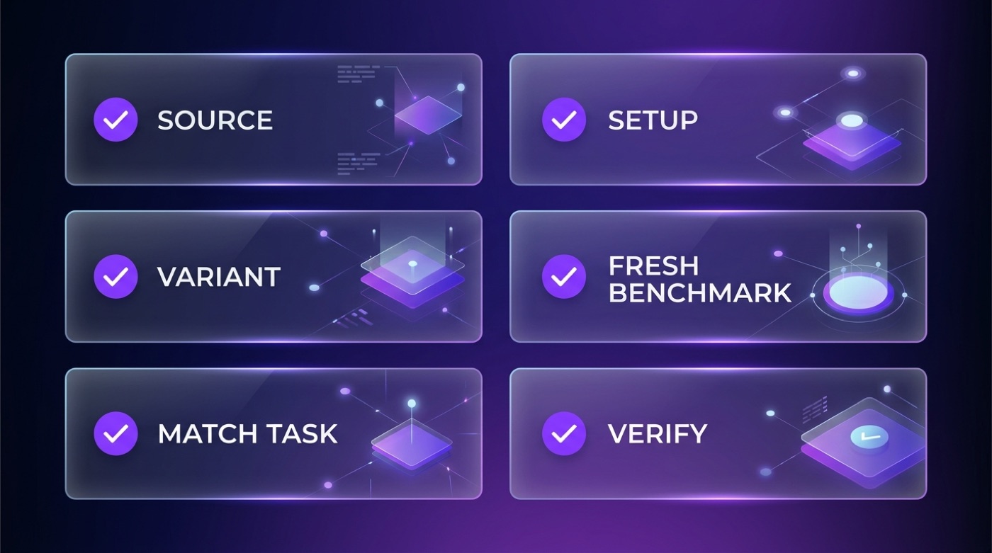 Six-card checklist: Source, Setup, Variant, Fresh Benchmark, Match Task and Verify