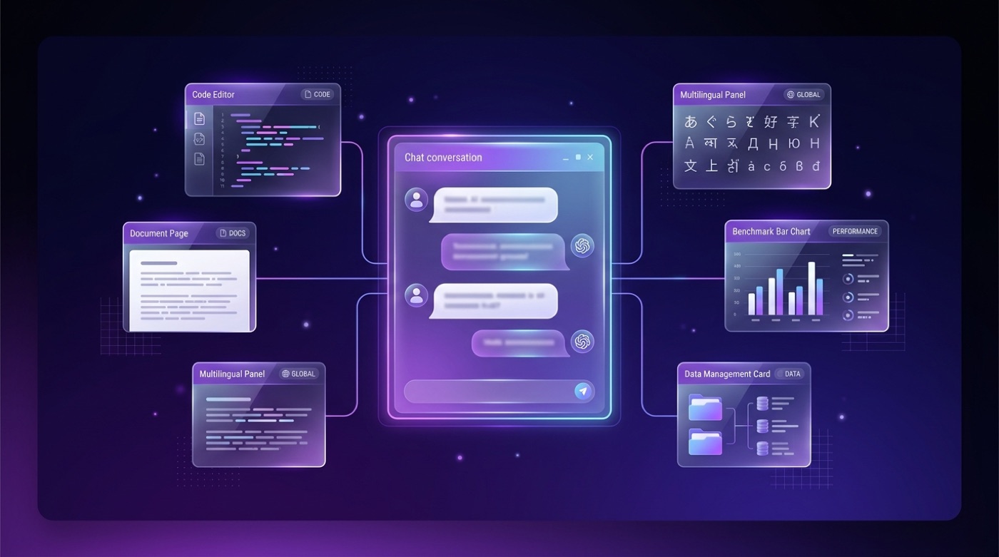 Qwen Chat interface panel linked to floating cards for code, documents, multilingual text and benchmarks