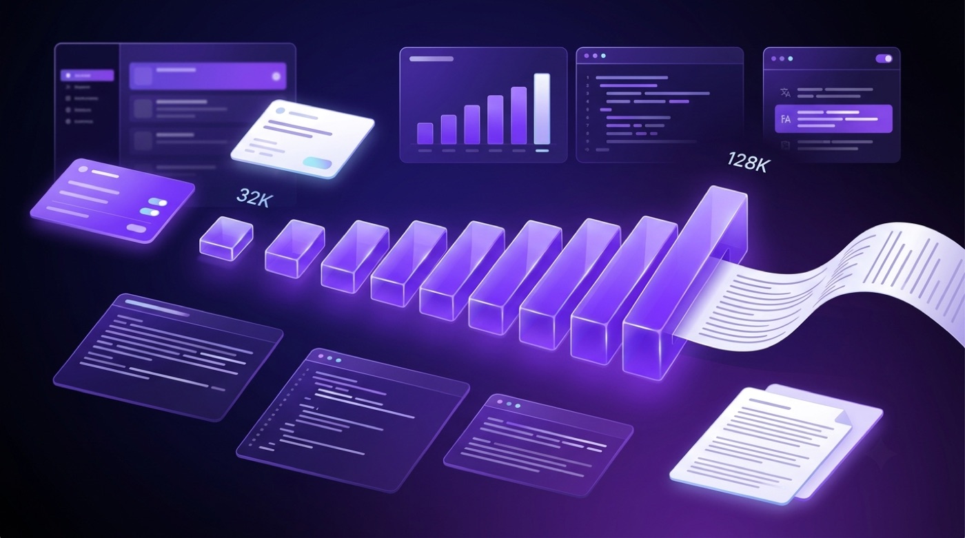 Bar chart showing a Qwen3 context window growing from 32K to 128K tokens with a document flowing into the largest bar