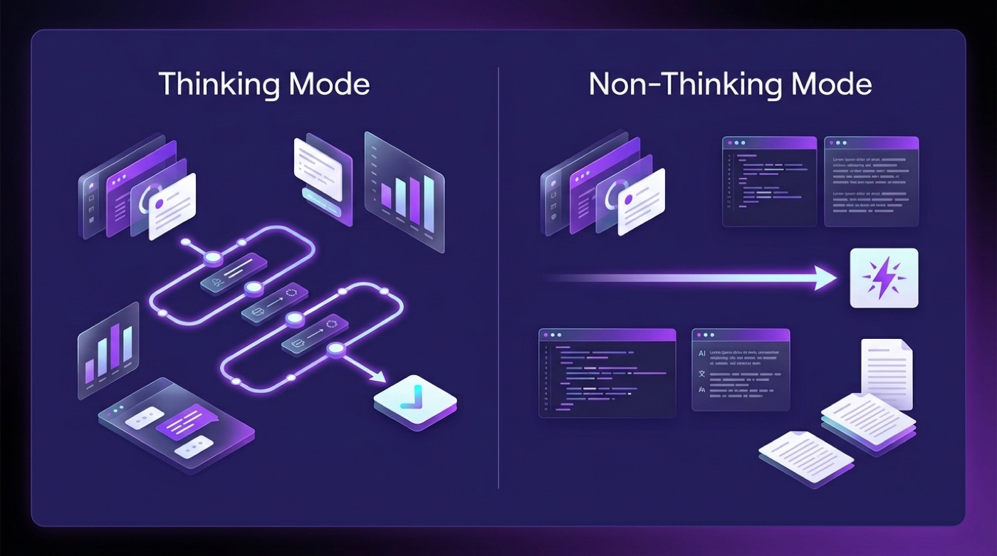 Split comparison of Qwen3 Thinking Mode step-by-step path versus Non-Thinking Mode instant answer