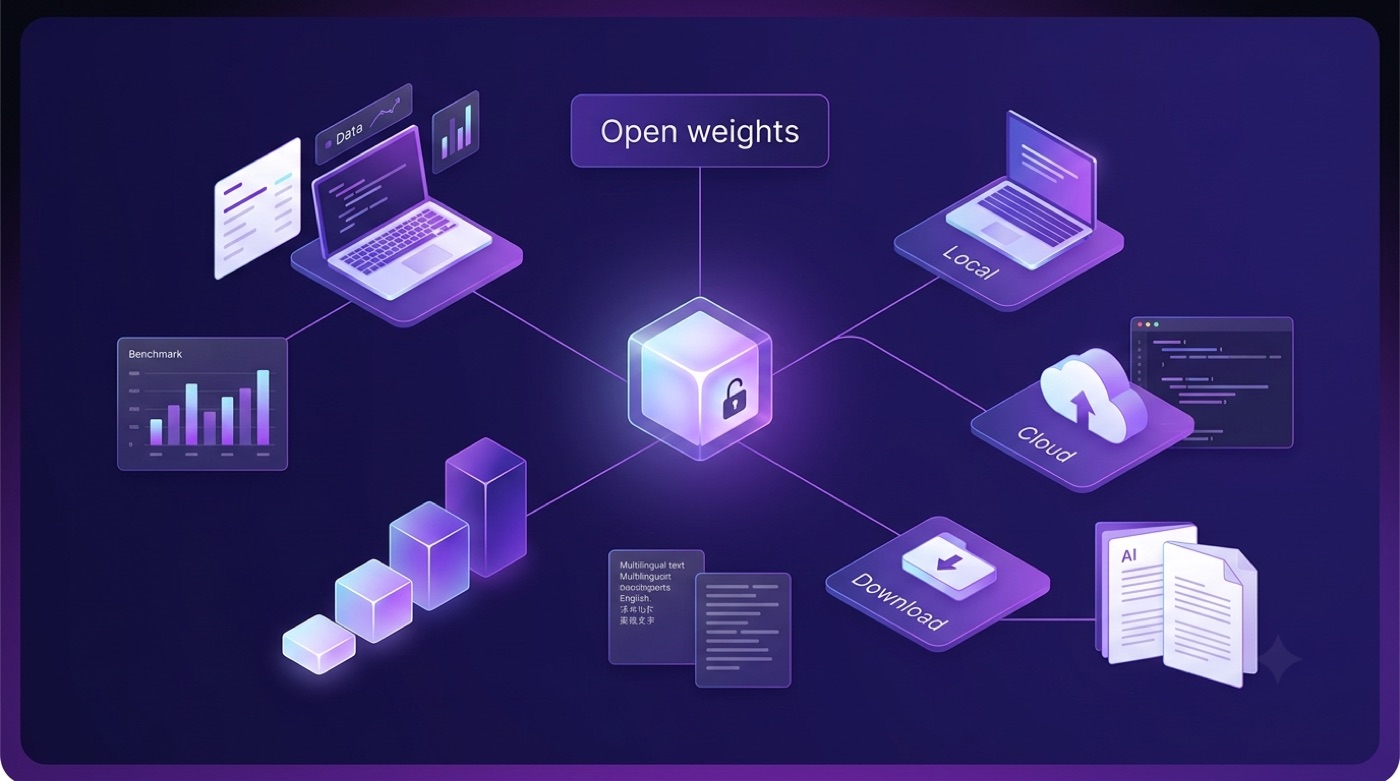 Open-weight Qwen model diagram branching to local, cloud and download options
