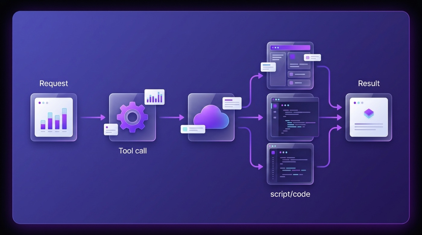 Agentic workflow graph moving from request to tool call to API to script to result