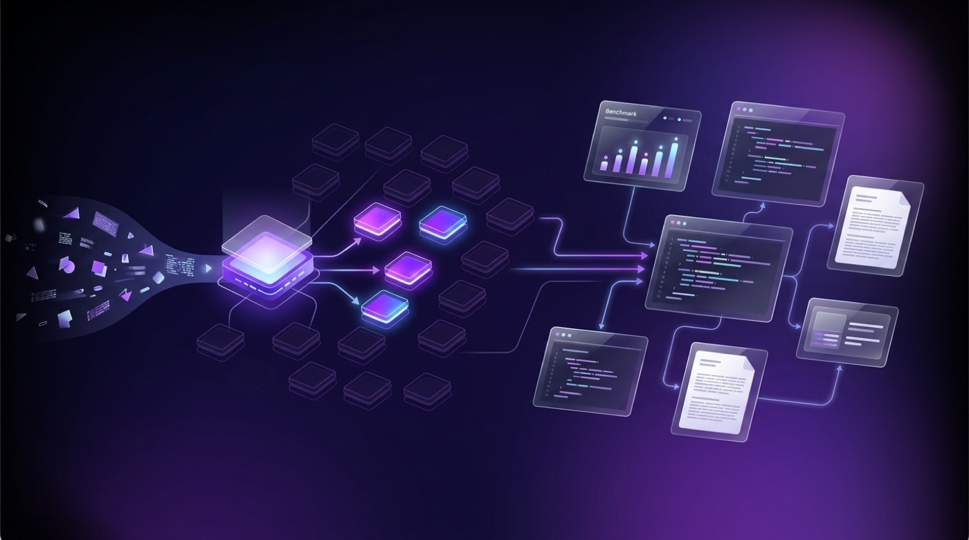 Mixture-of-experts routing diagram: input routed to a few active expert nodes then into an agentic task workflow graph