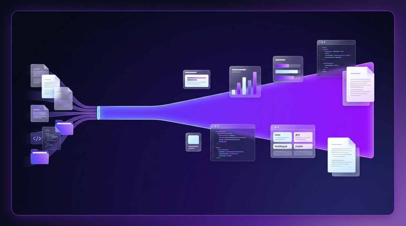 Infographic of an expanding context window with repository files and documents funneling into a long ribbon