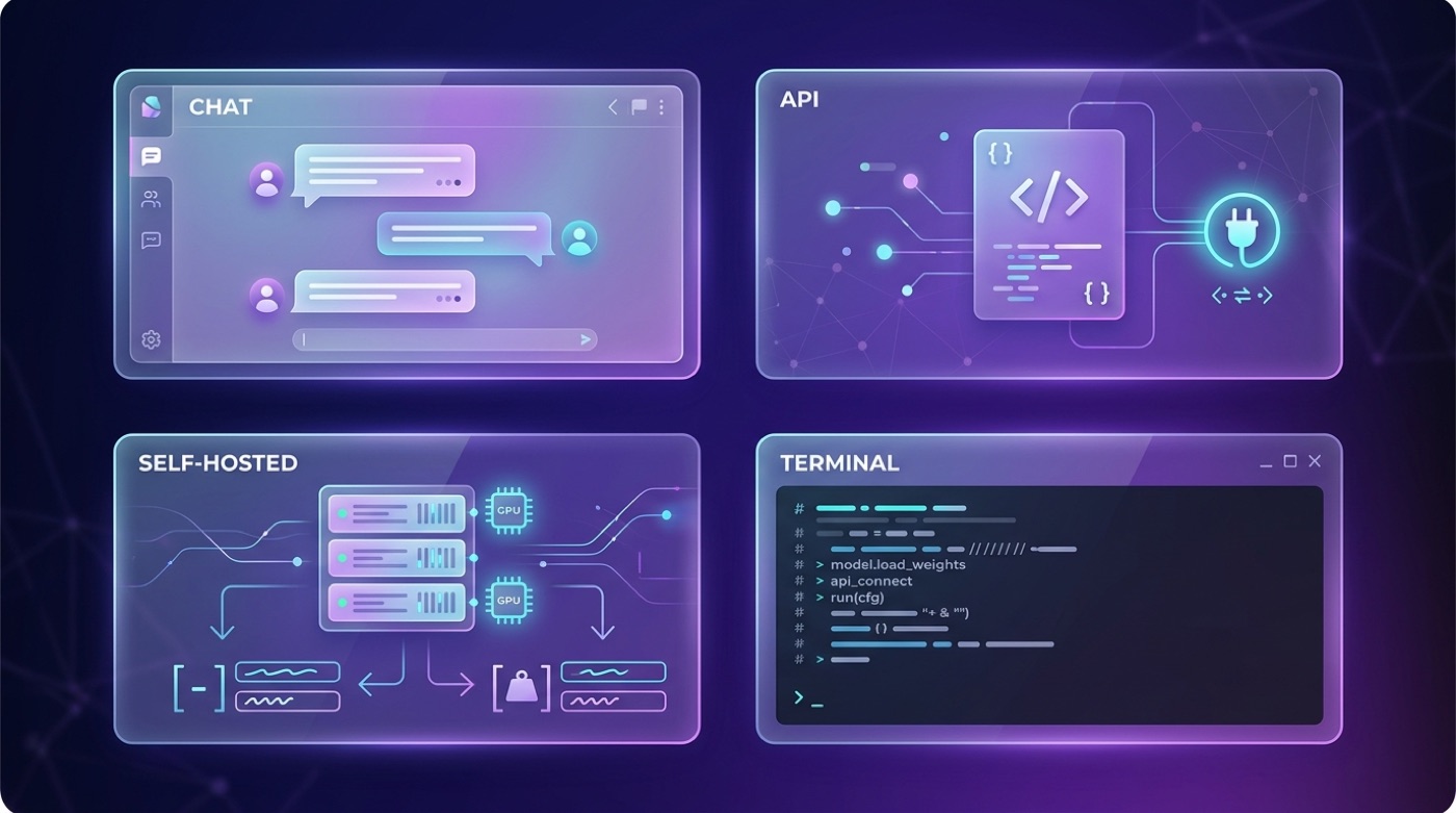 Two-by-two grid of access routes: chat interface, API endpoint, self-hosted server, and terminal CLI
