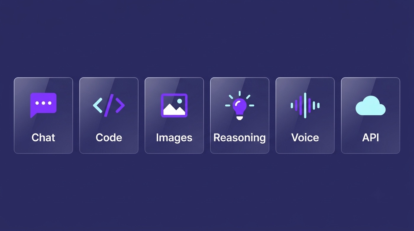 Grid of six task cards mapping needs to Qwen models: chat, code, images, reasoning, voice and API.