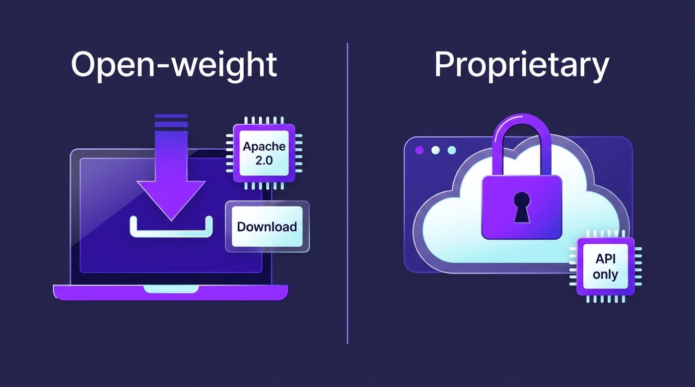 Split-screen comparing open-weight downloadable models with proprietary API-only models.