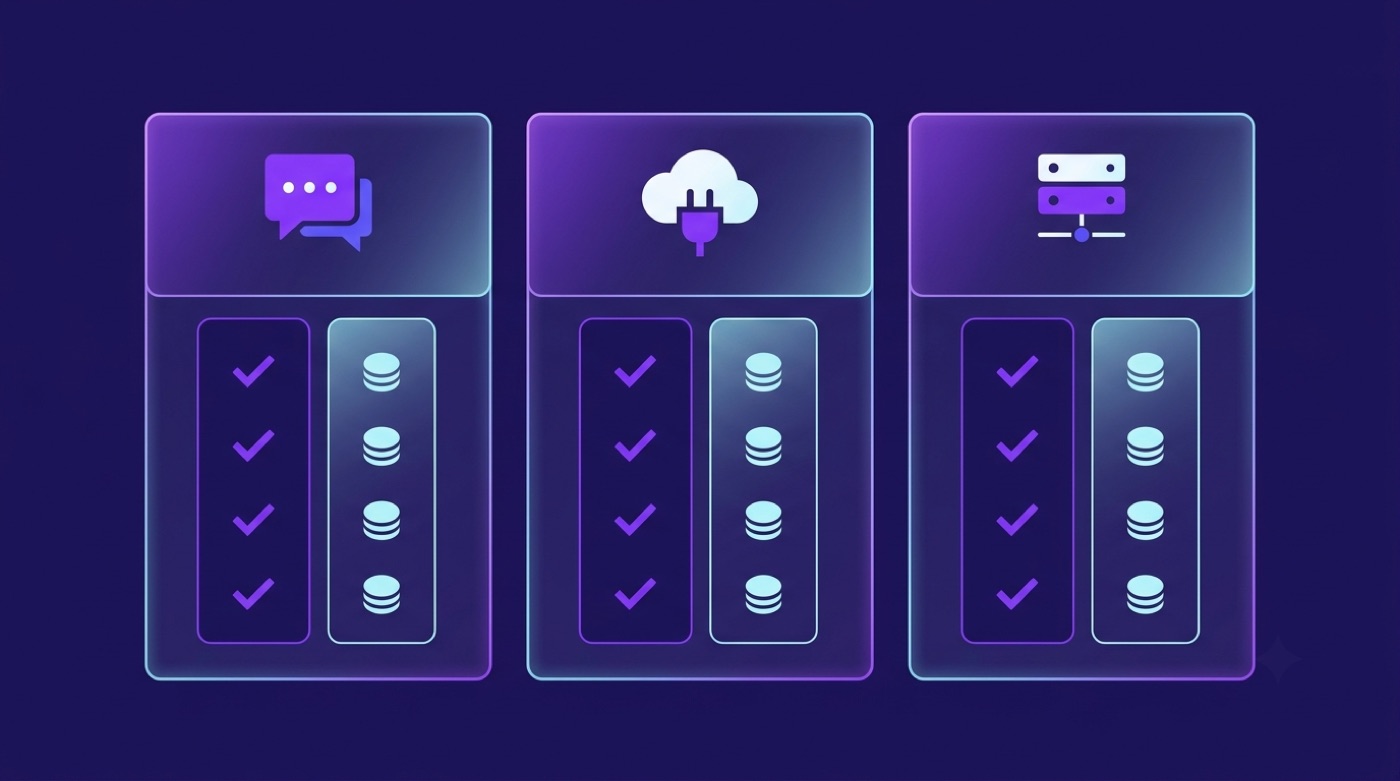 Three-column comparison of Qwen web chat, API, and self-hosting by cost