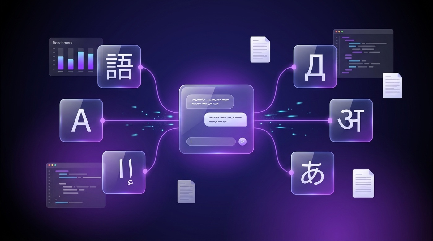 Panels of different world scripts converging into one Qwen chat interface