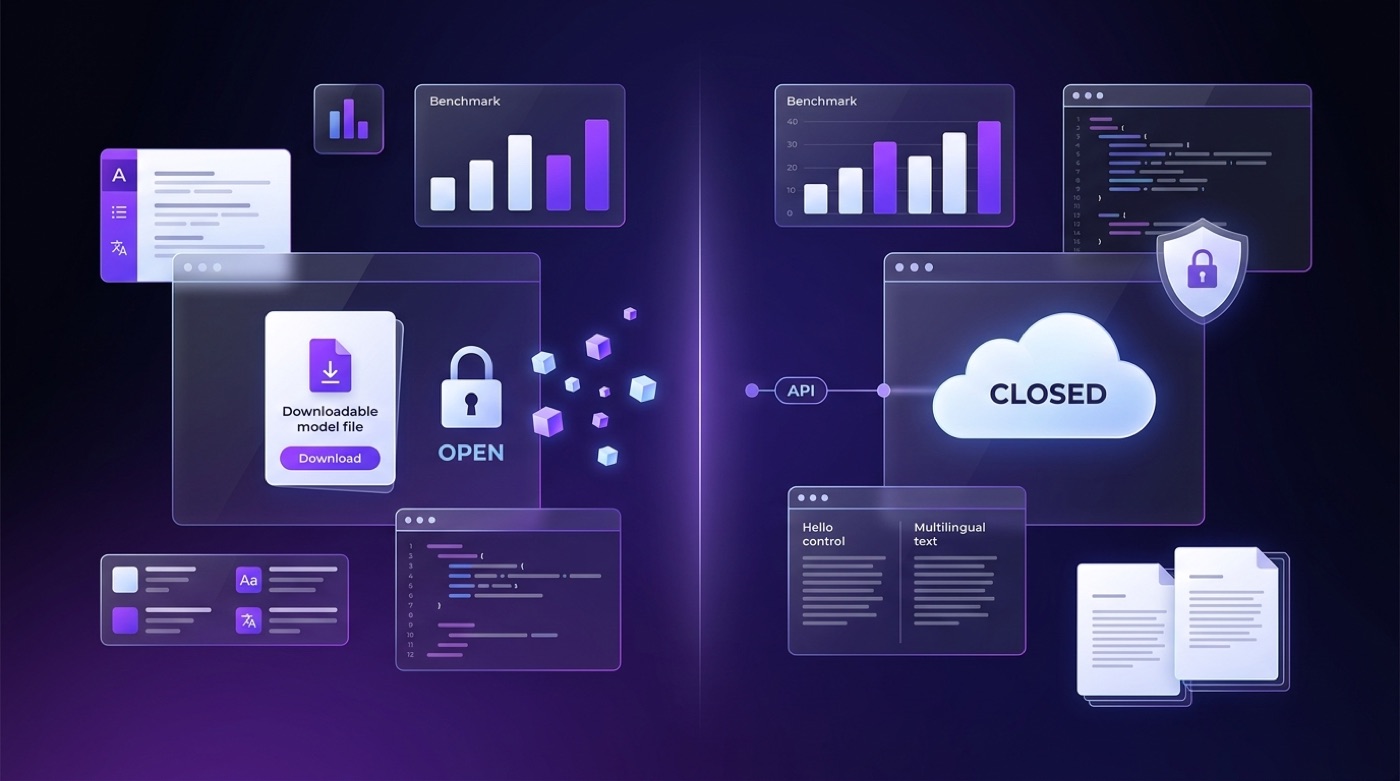 Split-screen comparison: open, downloadable Qwen model weights on the left versus a closed, cloud-only proprietary model on the right