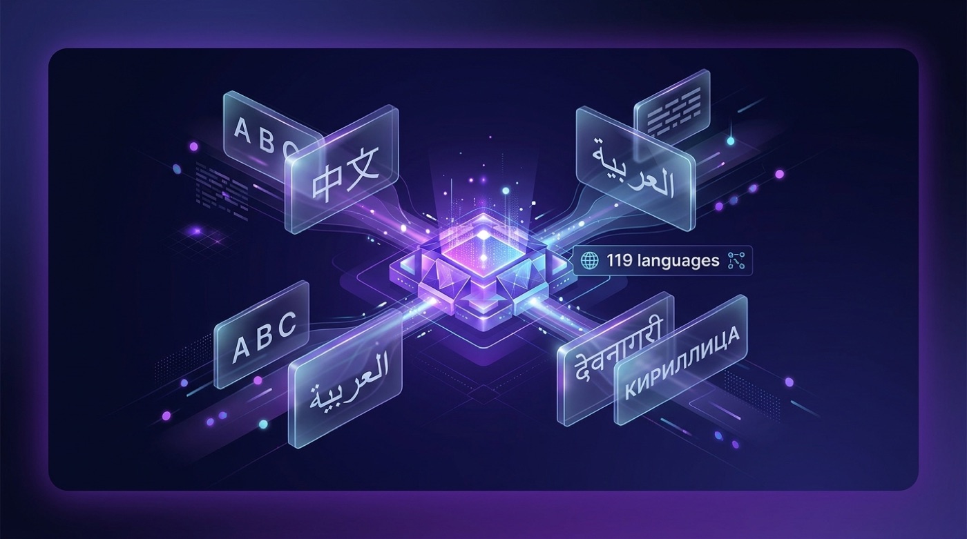 Multilingual motif: panels of different world scripts — Latin, Chinese, Arabic, Devanagari, Cyrillic — converging into one central hub labelled 119 languages