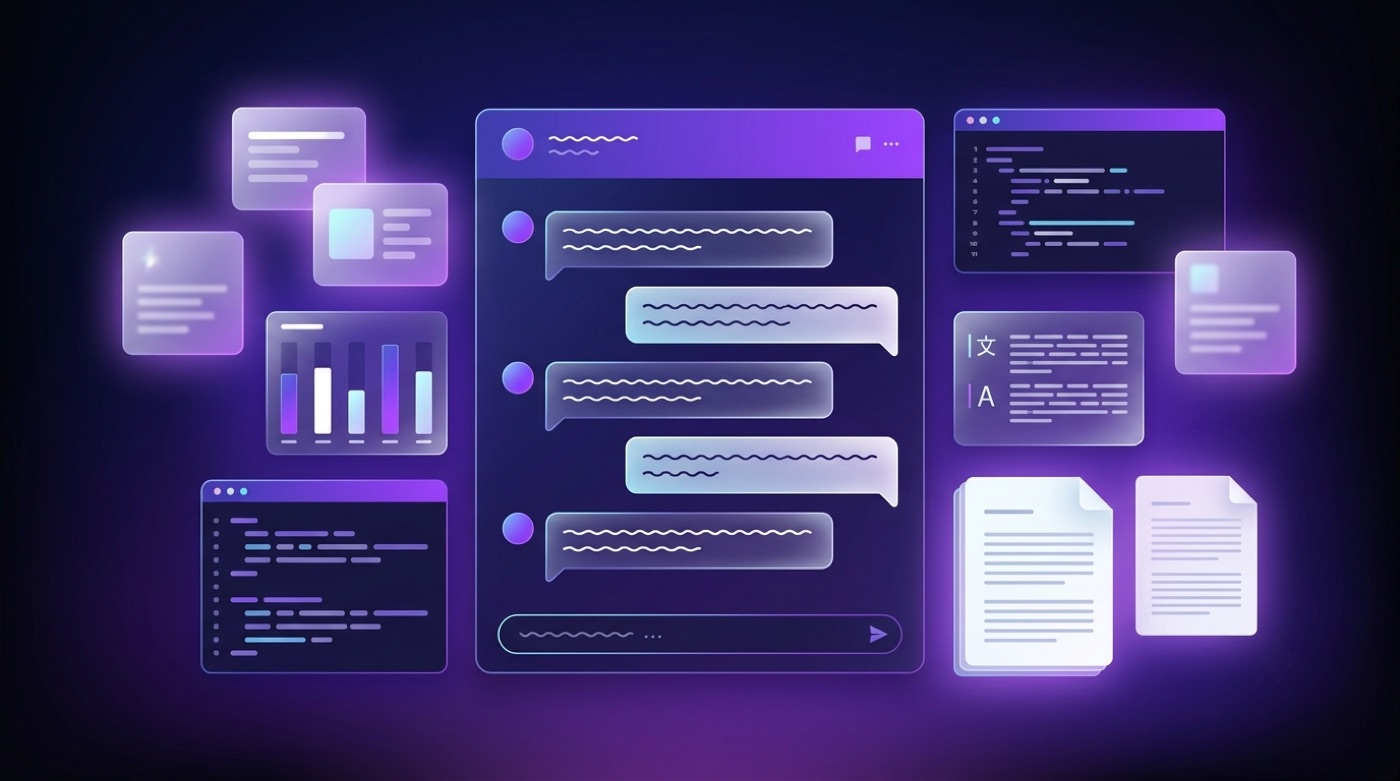 A glassy chat interface panel surrounded by floating data cards, code windows and document pages