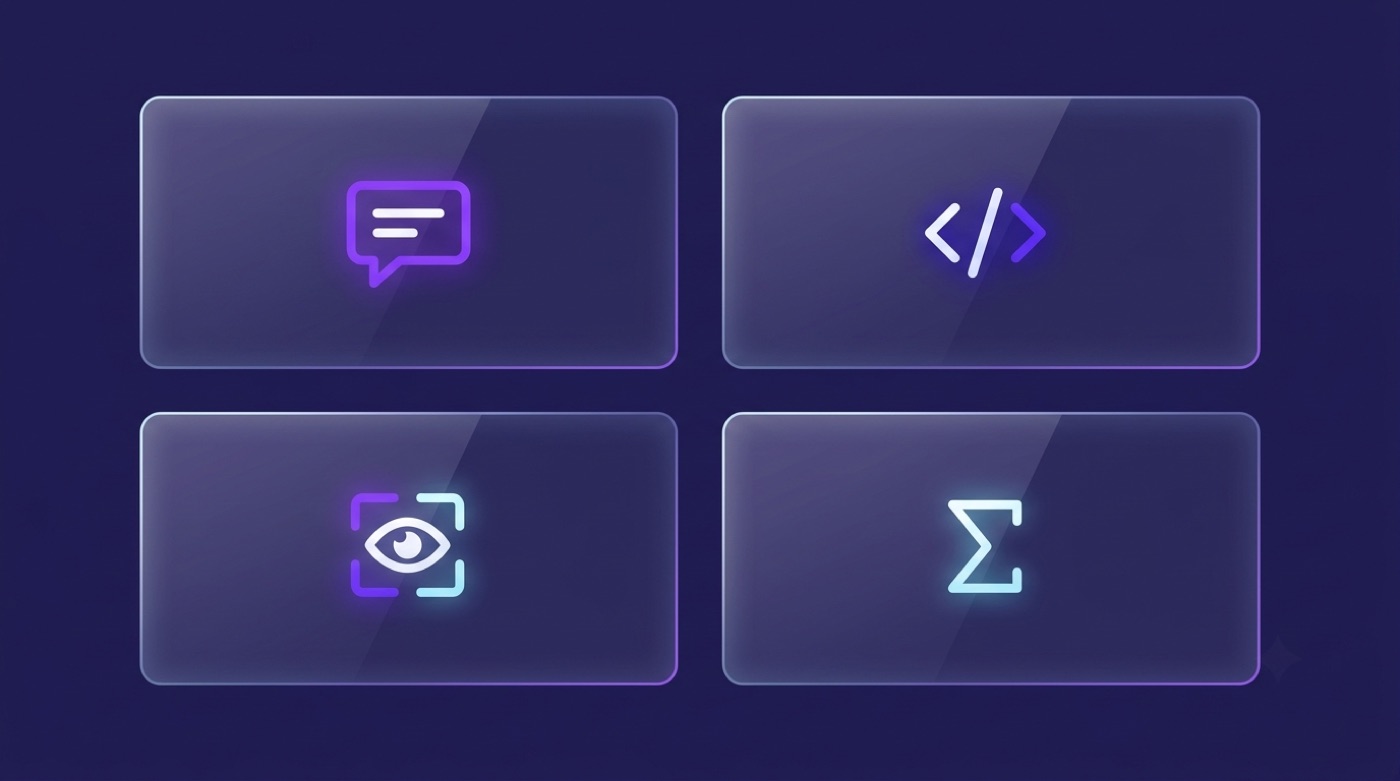 Four model-line cards with speech-bubble, code, vision and math icons