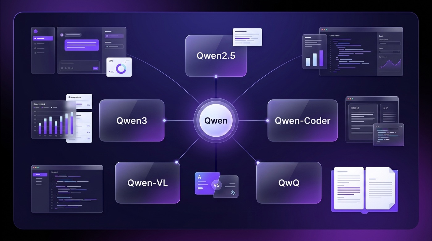 Diagram of the Qwen family: a central Qwen hub linked to Qwen2.5, Qwen3, Qwen-Coder, Qwen-VL and QwQ