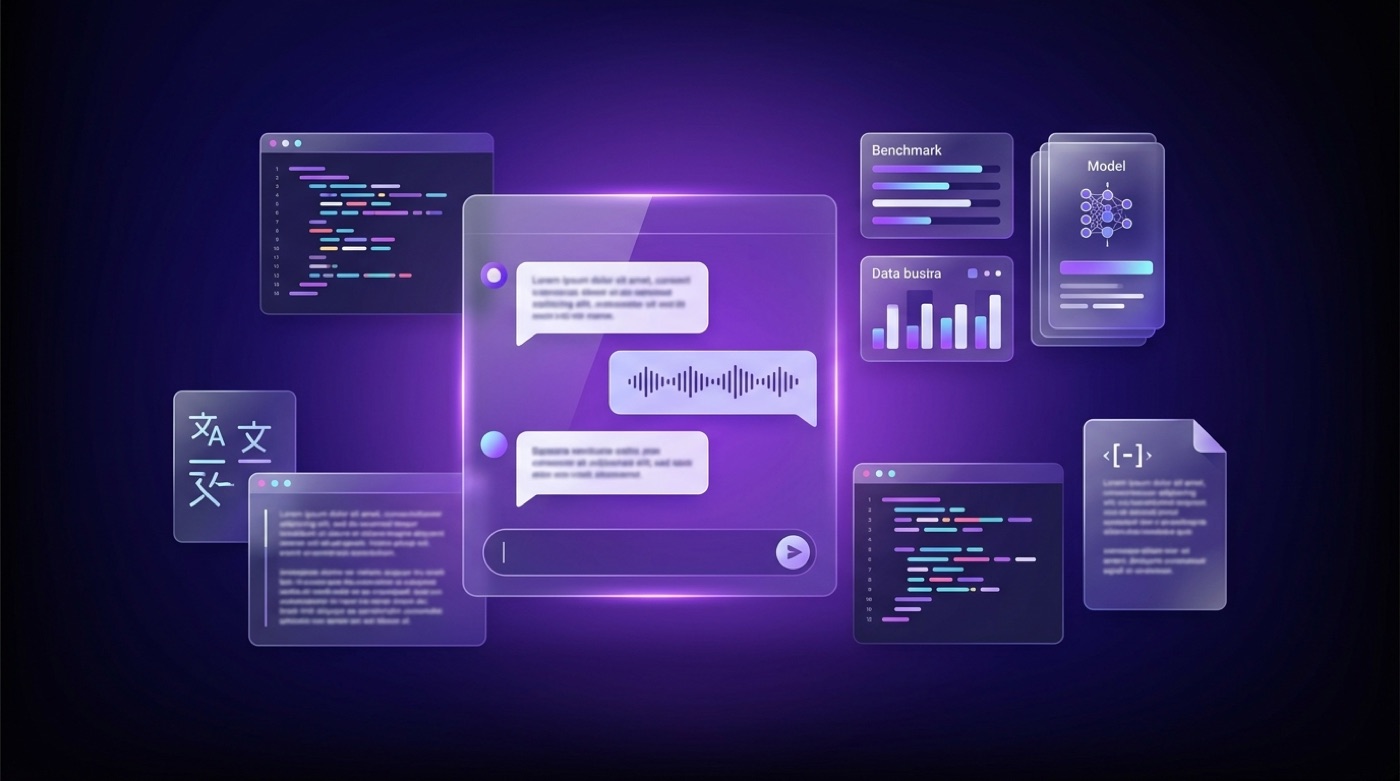 Qwen Chat interface panel surrounded by benchmark, code and document cards