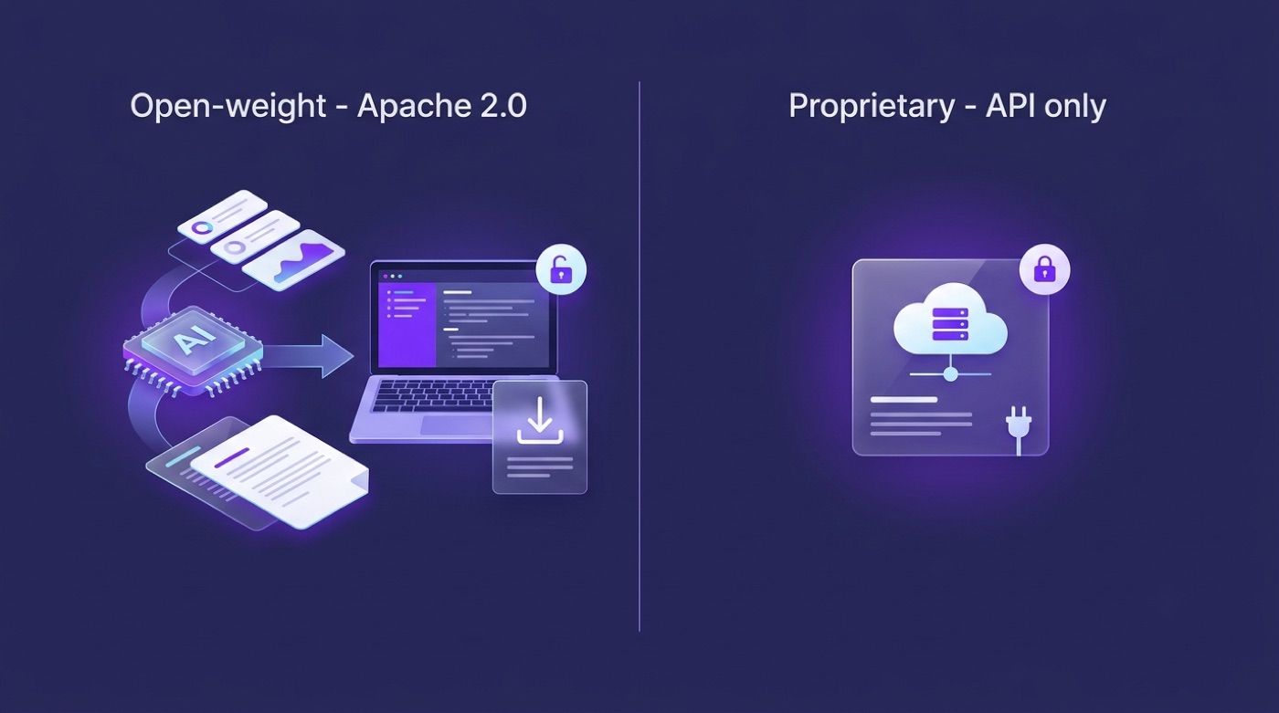Split comparison: open-weight Apache 2.0 models you can download versus proprietary API-only models
