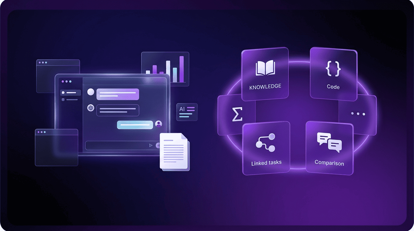 A Qwen chat interface panel beside five benchmark category cards — knowledge, coding, math, linked tasks and comparison