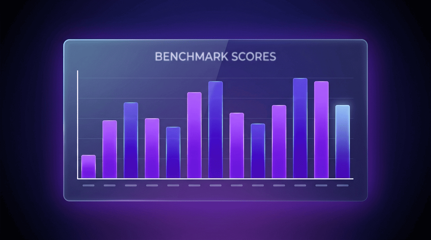Illustrative violet bar chart titled Benchmark Scores with bars of varying heights and no numbers on the axis
