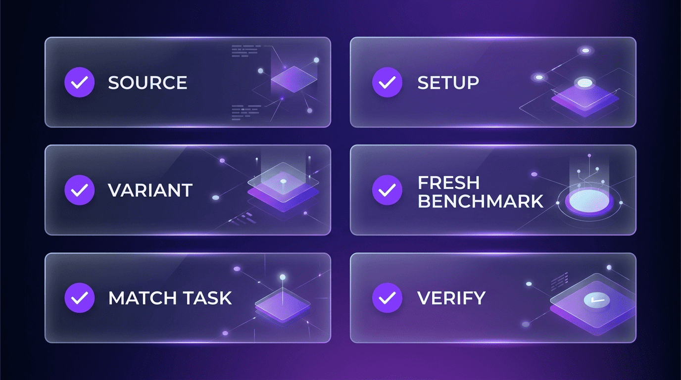 Six-card checklist: Source, Setup, Variant, Fresh Benchmark, Match Task and Verify