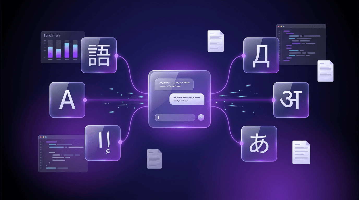 Panels of different world scripts converging into one Qwen chat interface