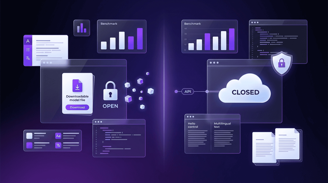 Split-screen comparison: open, downloadable Qwen model weights on the left versus a closed, cloud-only proprietary model on the right