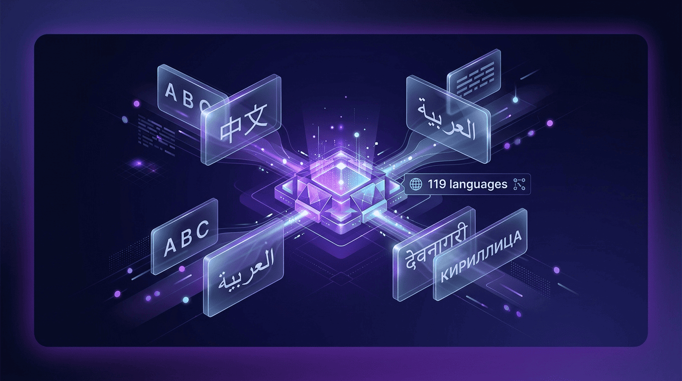 Multilingual motif: panels of different world scripts — Latin, Chinese, Arabic, Devanagari, Cyrillic — converging into one central hub labelled 119 languages