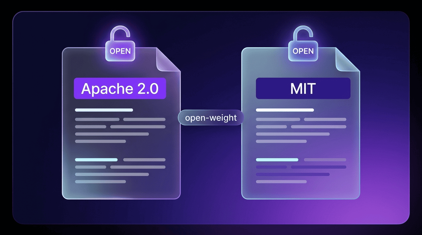 Two license document cards with open padlocks labeled Apache 2.0 and MIT