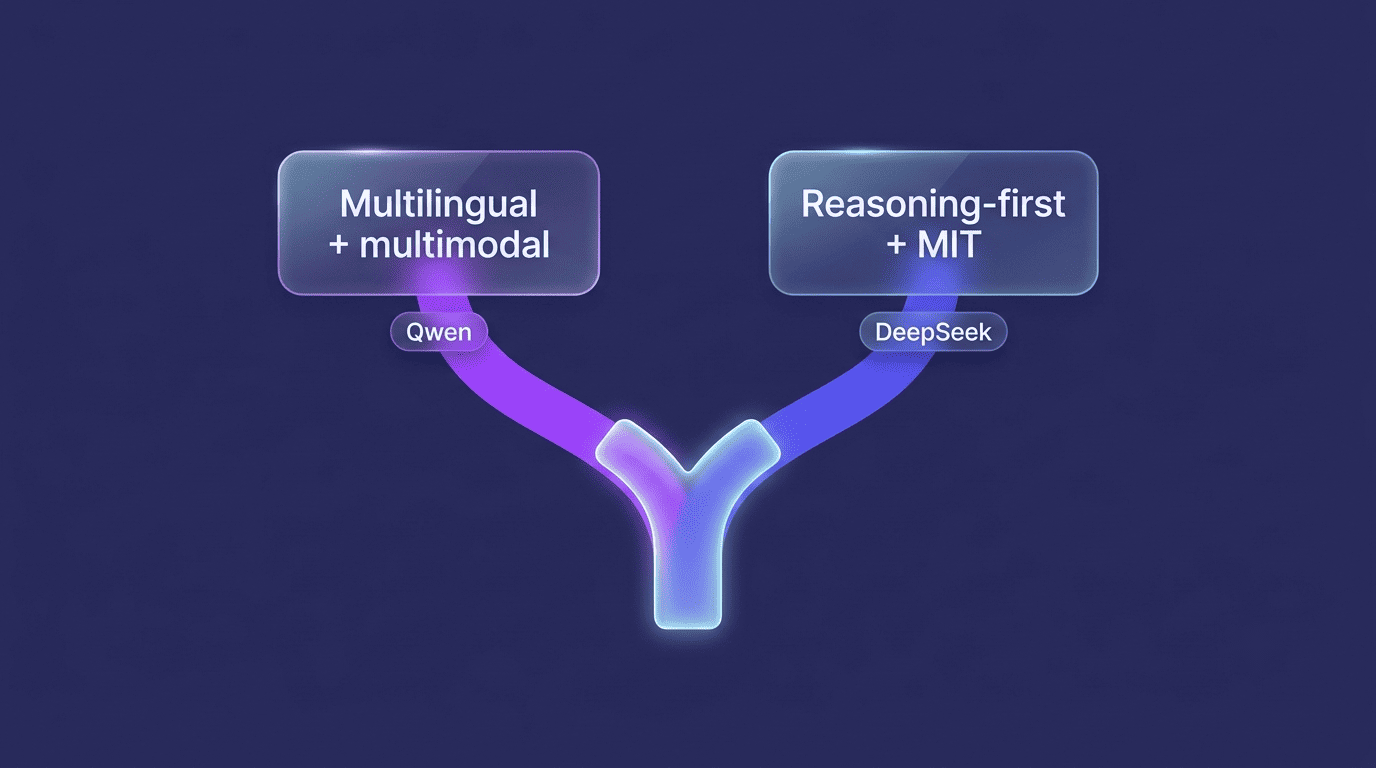 Decision fork splitting to Qwen for multilingual and multimodal work and DeepSeek for reasoning-first MIT